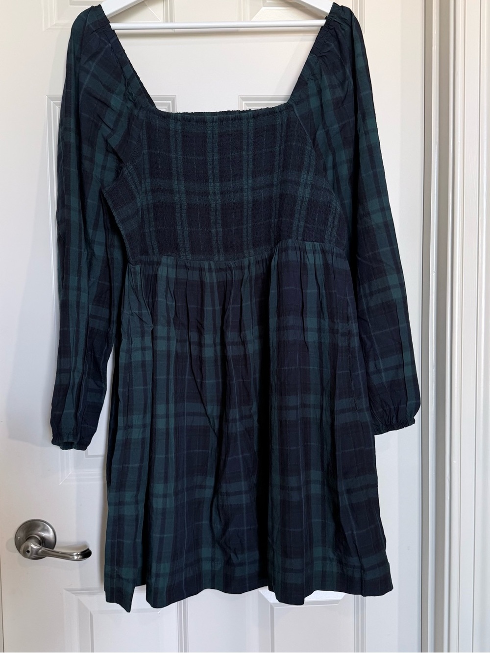 Old Navy Black and Dark Green Plaid Smocked Midi Dress